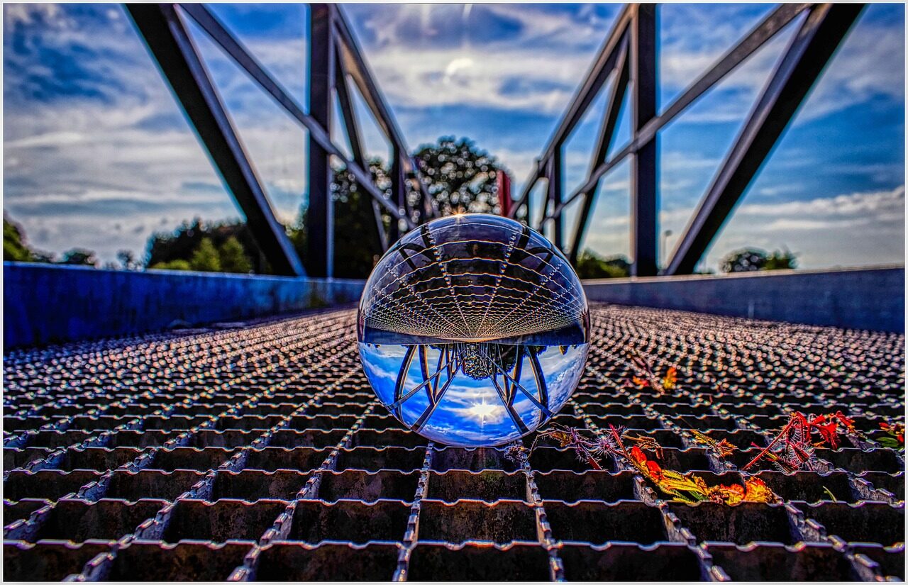 glass sphere, glass, bullet, reflection, round, spherical image, bridge, grid, transparent, glass ball photo, round, round, round, grid, grid, grid, grid, grid, transparent